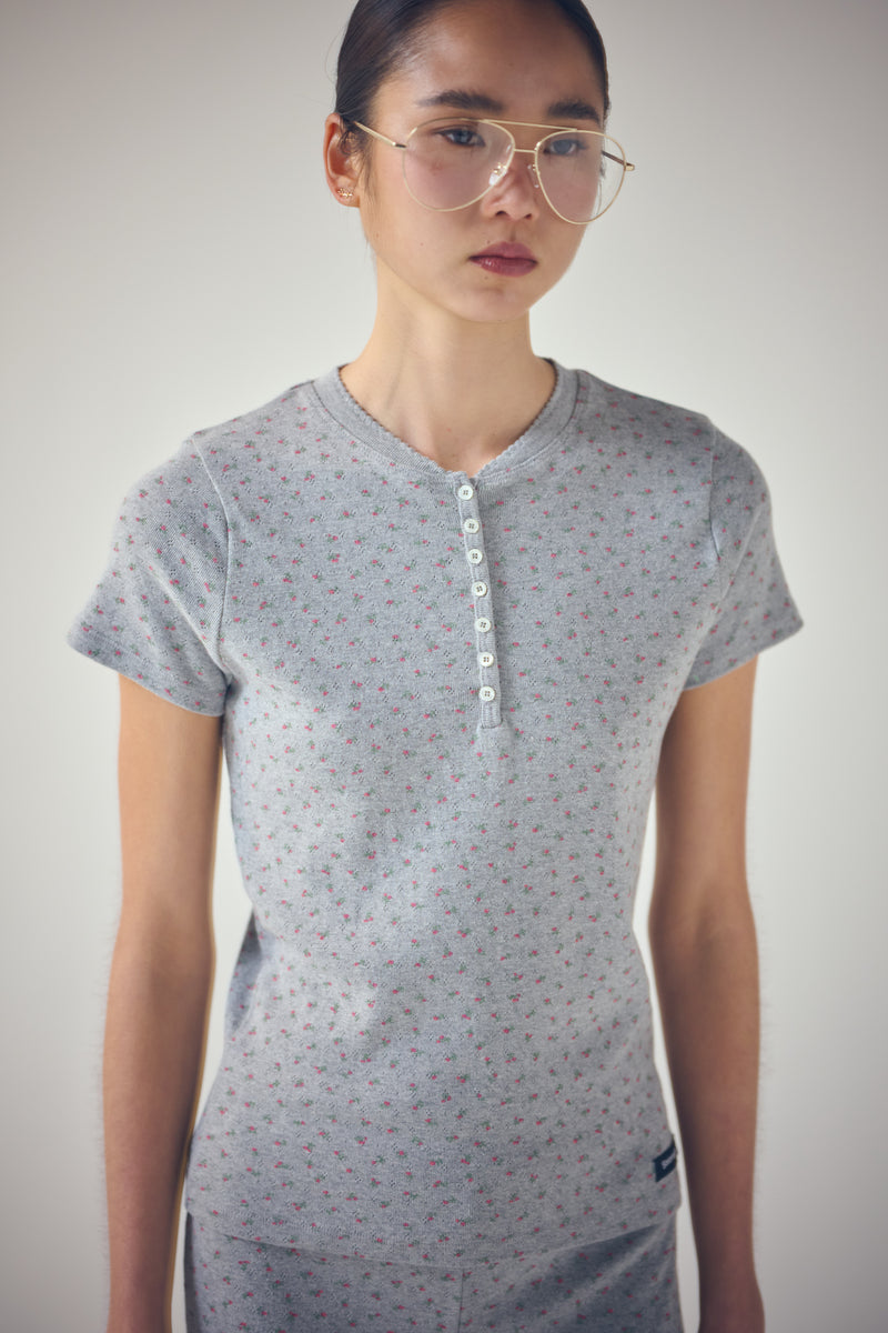 SEA FLORAL EYELET HENLEY-NECK H/S TEE