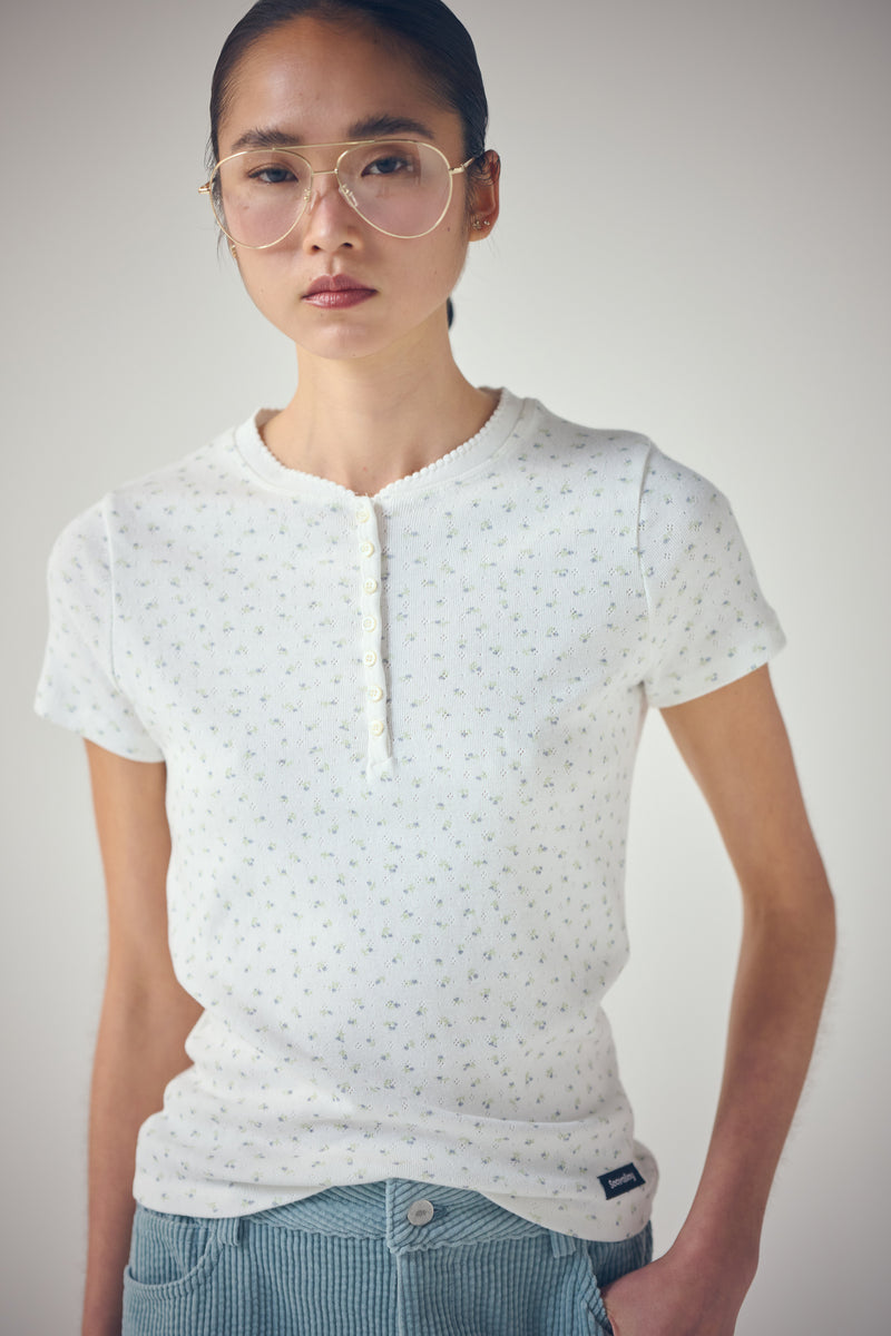 SEA FLORAL EYELET HENLEY-NECK H/S TEE