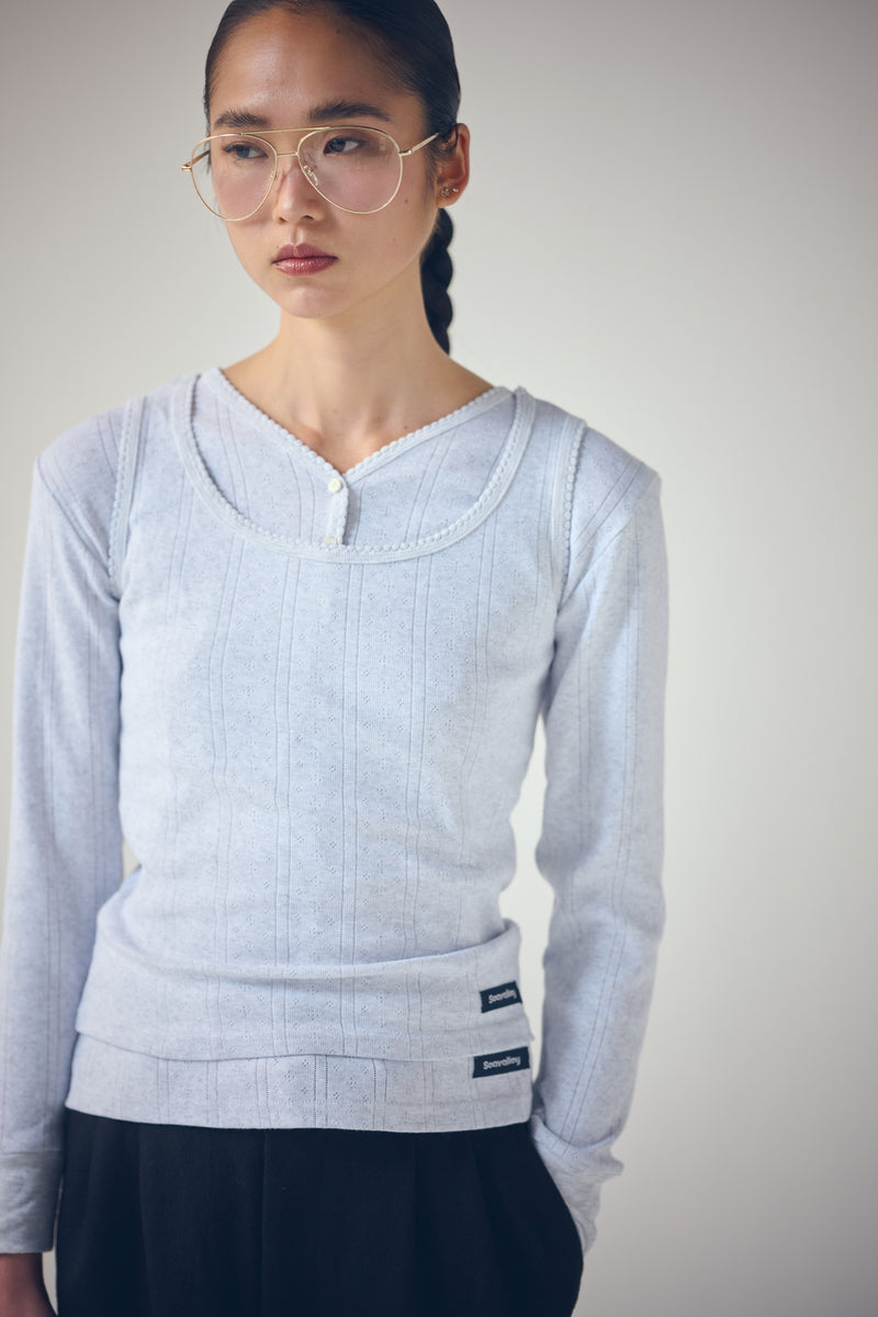 SEA EYELET RIBBED V-NECK HENLEY L/S TEE