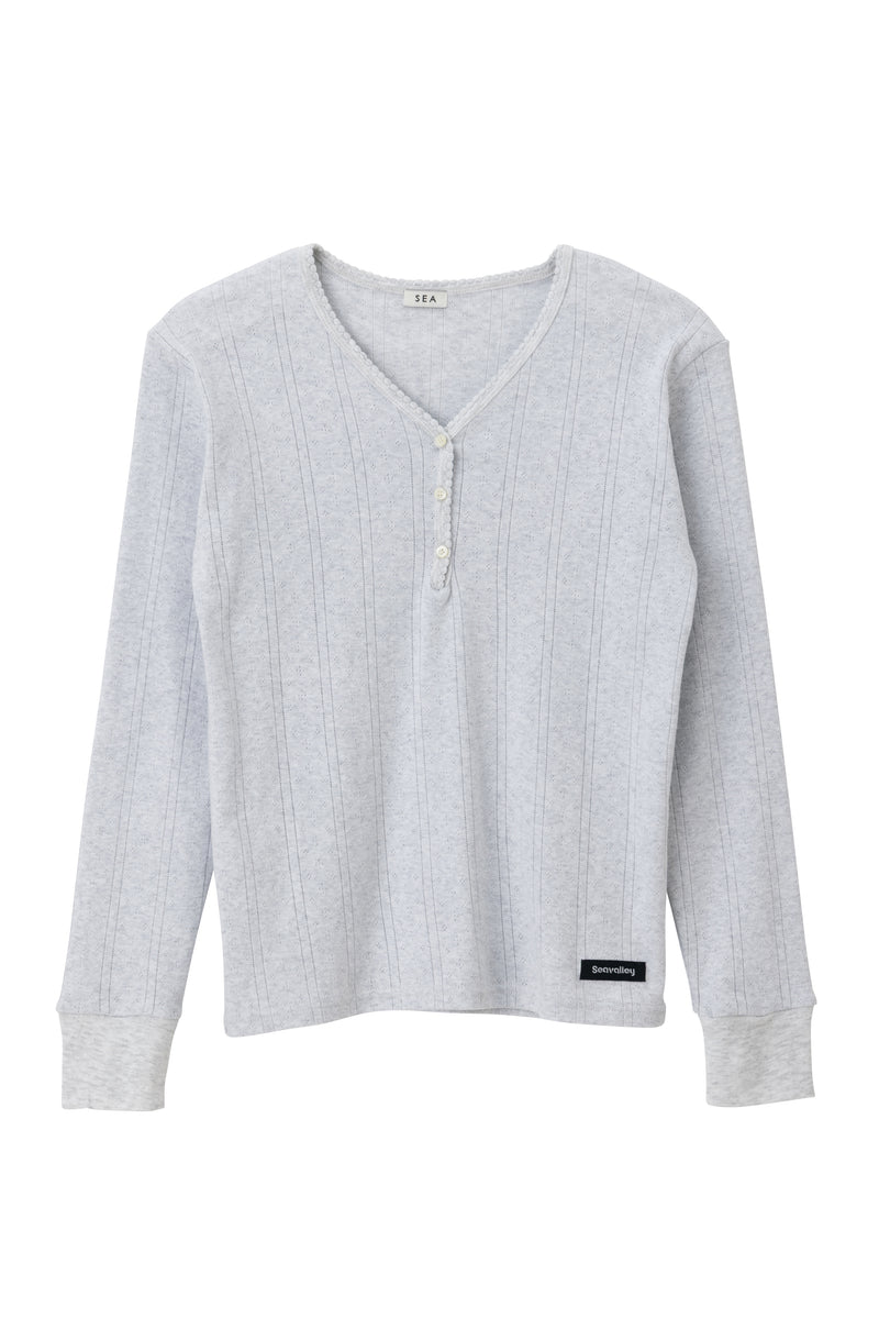 SEA EYELET RIBBED V-NECK HENLEY L/S TEE