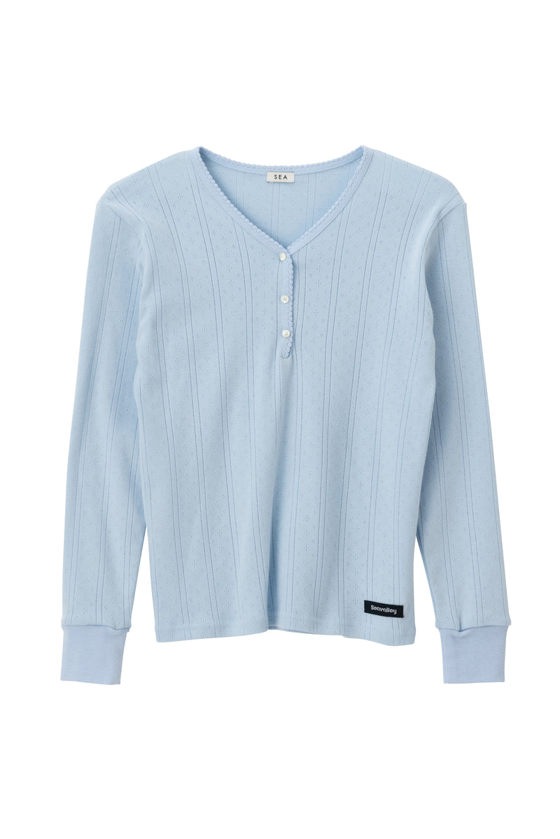 SEA EYELET RIBBED V-NECK HENLEY L/S TEE