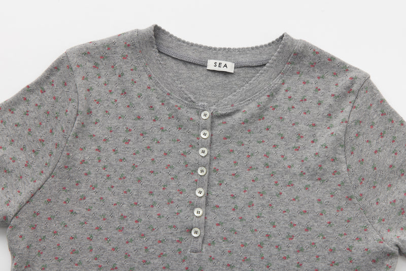 SEA FLORAL EYELET HENLEY-NECK H/S TEE
