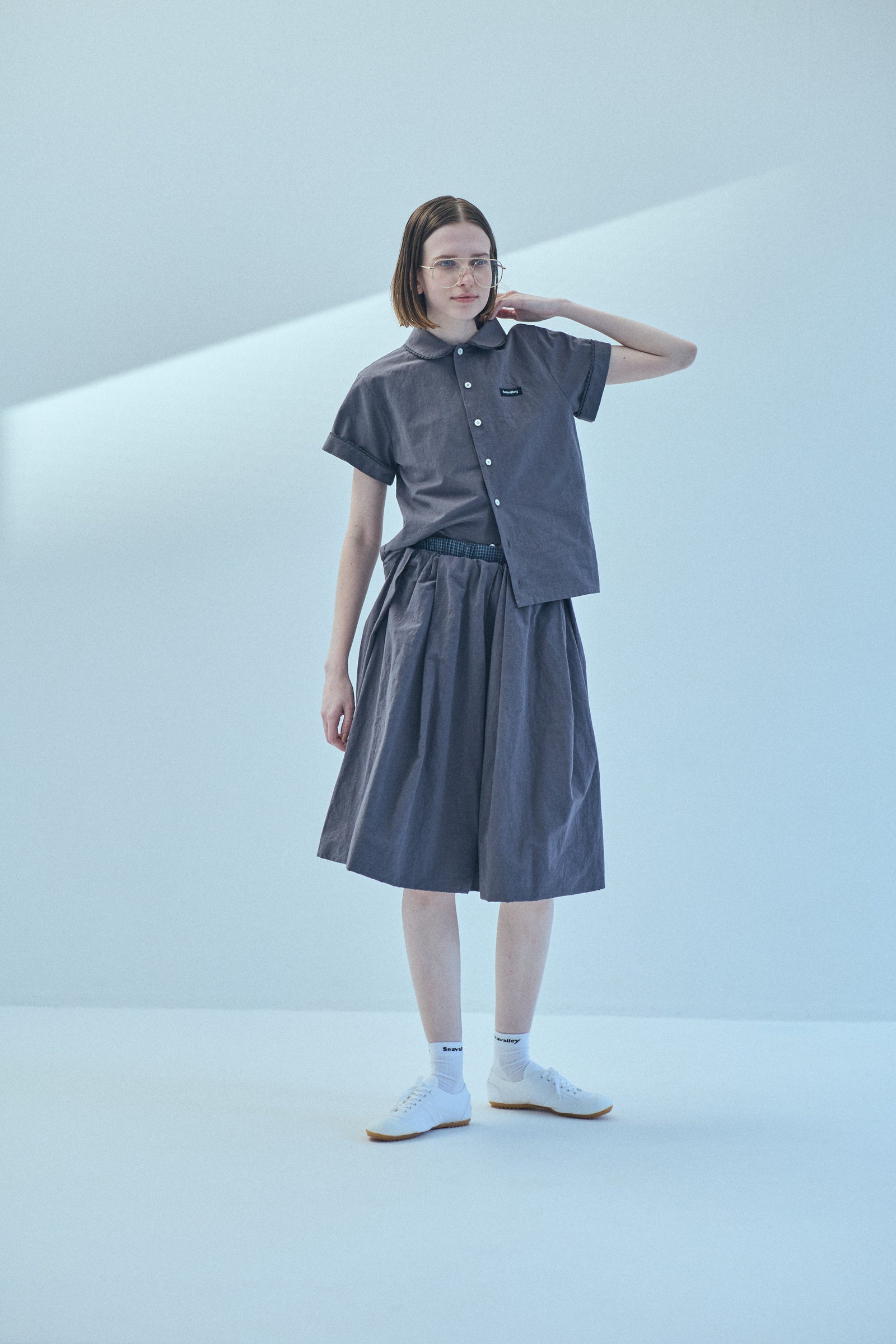 SEA COTTON LINEN ROUND COLLAR SHORT SLEEVE SHIRT