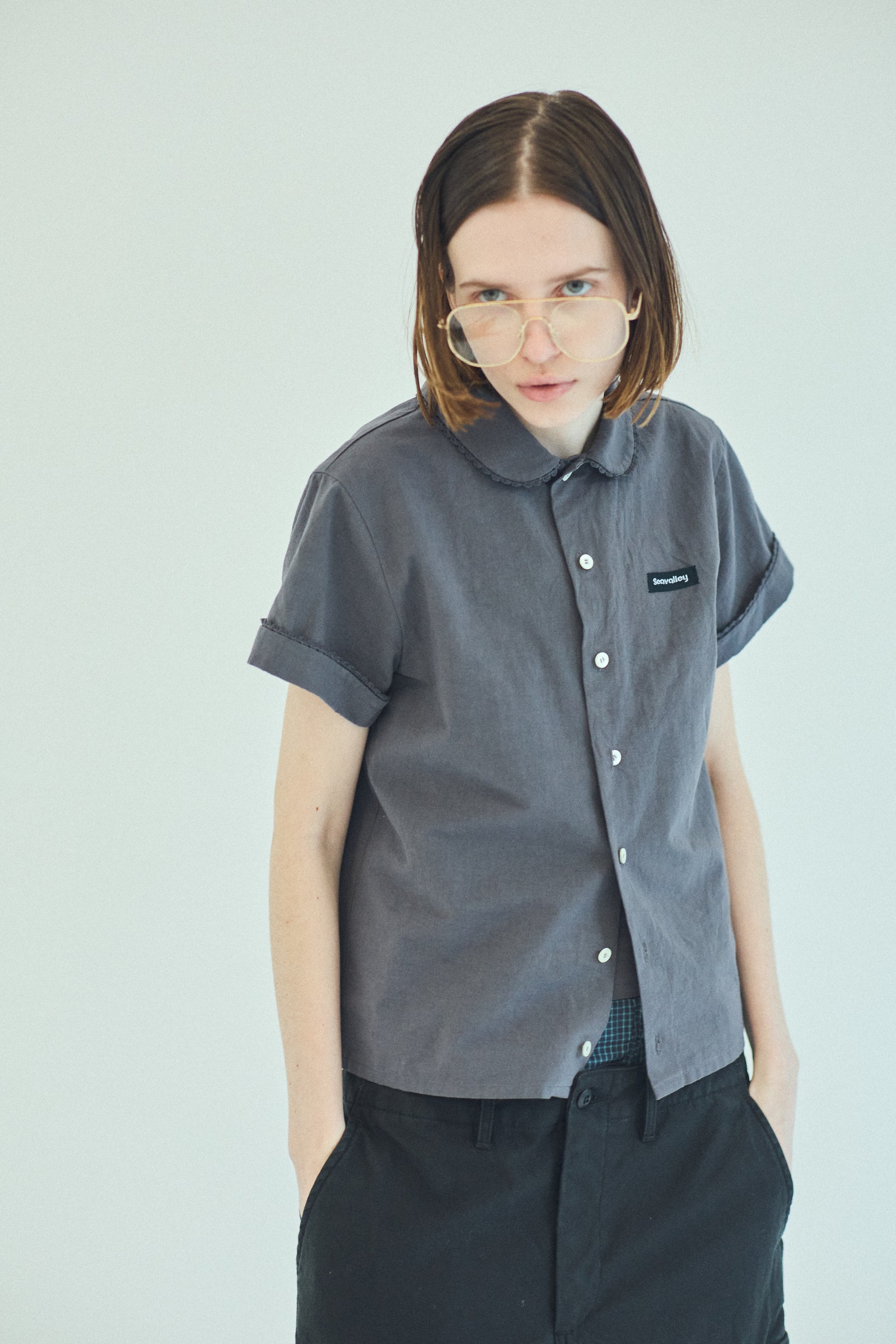 SEA COTTON LINEN ROUND COLLAR SHORT SLEEVE SHIRT